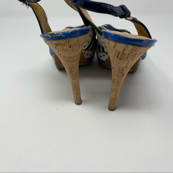 Nine West Blue Patterned Cork Heel Slingback Peep Toe Pumps Size 10 - Picture 8 of 8